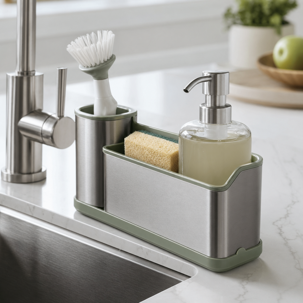 Close-up of the AquaNest Sink Caddy with a sponge and dish brush