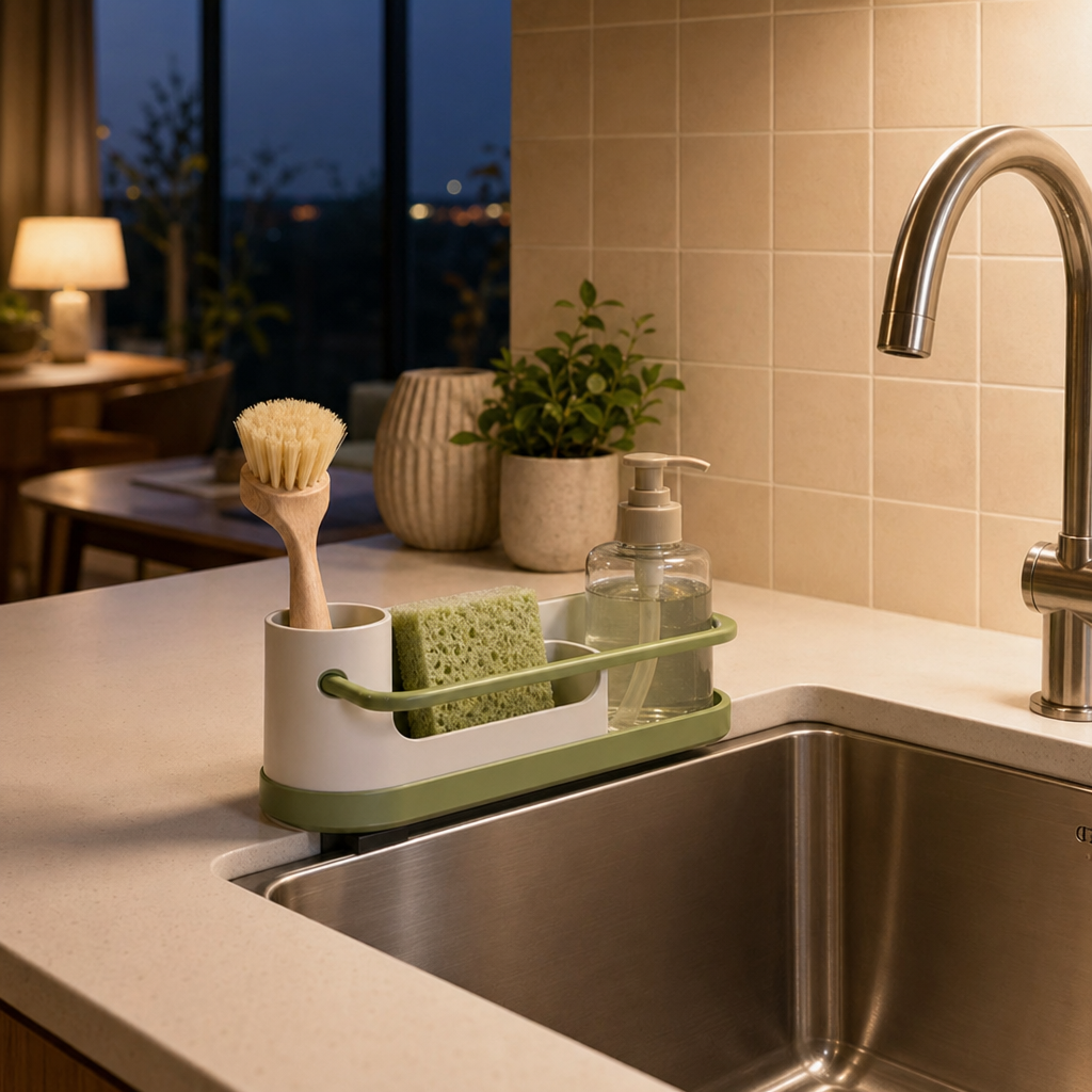 AquaNest Sink Caddy styled in a modern North American kitchen