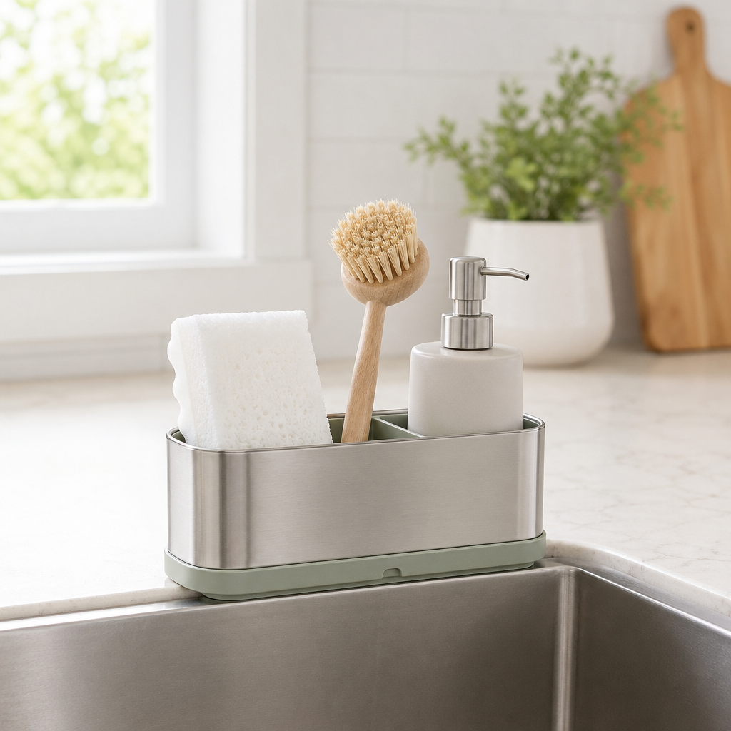 AquaNest Sink Caddy mounted beside a stainless steel kitchen sink