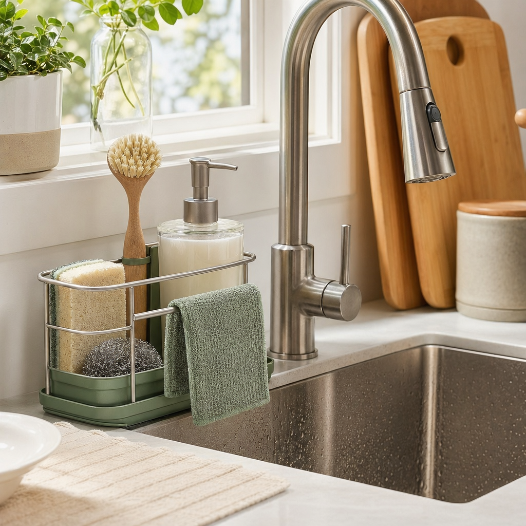 AquaNest Sink Caddy keeping soap and tools tidy in a bright kitchen